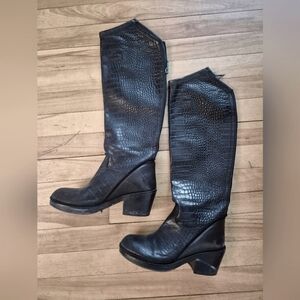 Black genuine leather vintage knee high heel boots